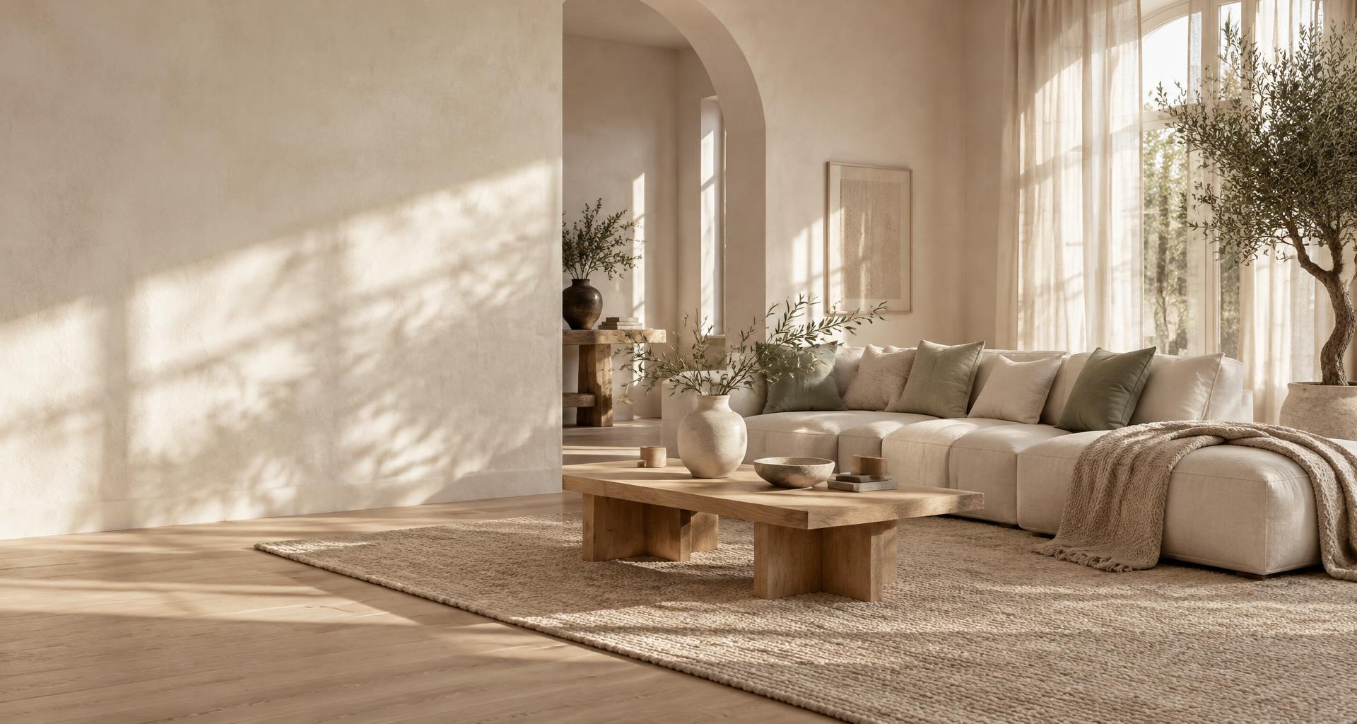 An illustrative sunlit living room with natural oak, soft linen and sculptural ceramics